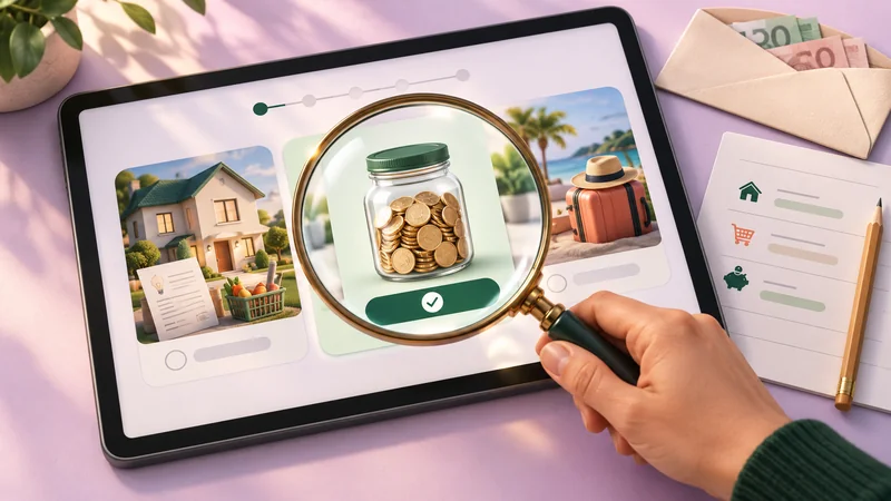 Illustration of a hand holding a magnifying glass over a tablet that compares three money choices - a house, a jar of savings, and a beach vacation - beside a budget checklist and an envelope of cash