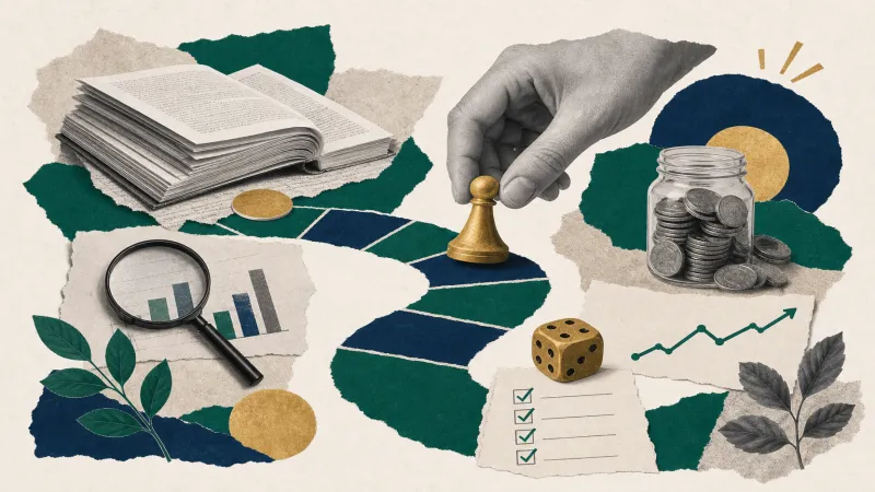 Paper-collage illustration of a hand moving a gold game piece along a board-game path, surrounded by an open book, a magnifying glass over a bar chart, a die, a jar of coins, and a rising line graph