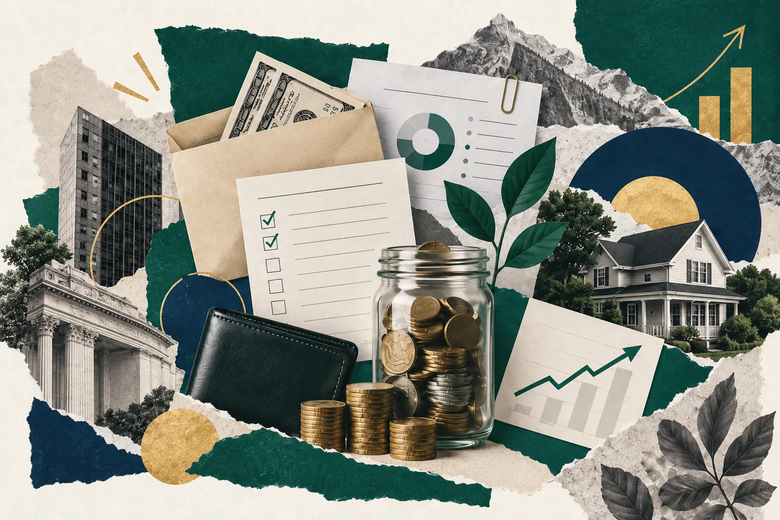 Collage of hands-on personal finance elements - cash in an envelope, a budgeting checklist, a jar of coins, a wallet, a house, and rising growth charts