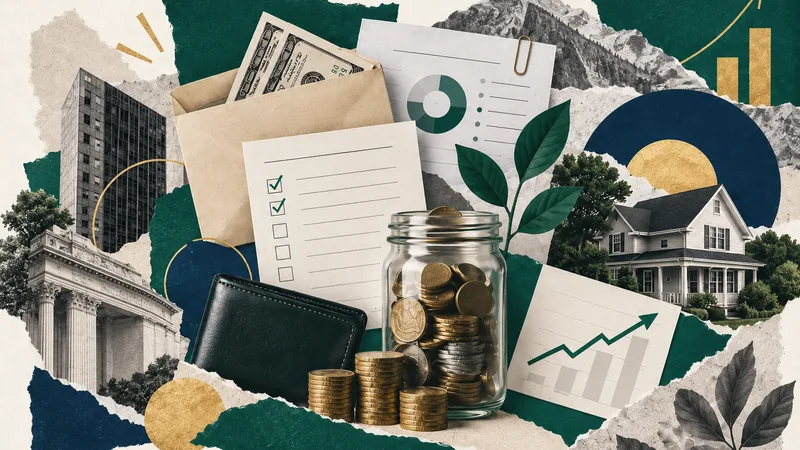 Collage of hands-on personal finance elements - cash in an envelope, a budgeting checklist, a jar of coins, a wallet, a house, and rising growth charts