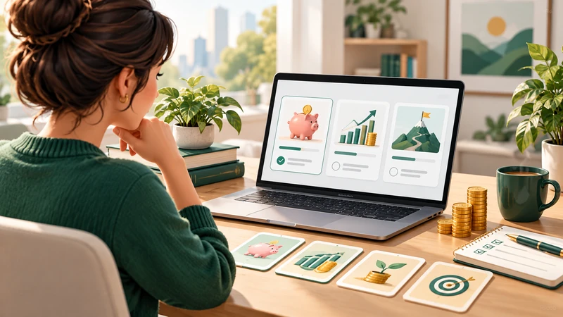 Illustration of a woman at a desk weighing three options on a laptop screen - a piggy bank for saving, a rising bar chart for investing and a mountain path for long-term goals - with matching cards laid out on the table beside a notebook and stacks of coins