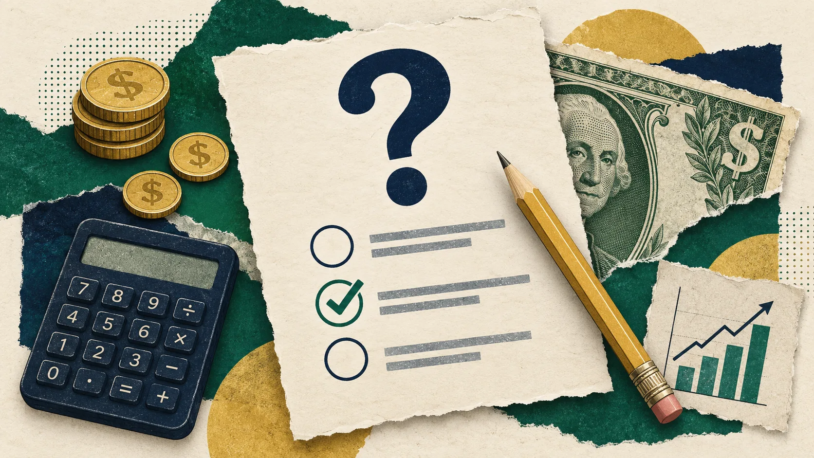 Financial literacy quiz illustration with a checklist, calculator, money and an investment chart