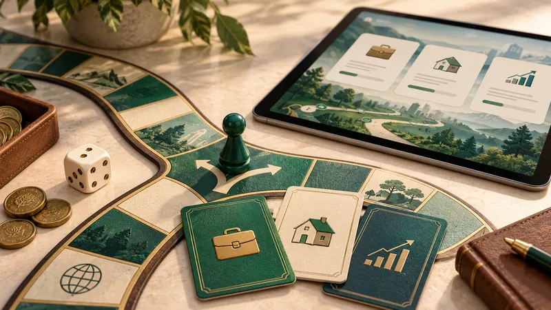 Board game on a table with a green pawn at a fork in the path, dice, coins and three cards - a briefcase, a house and a rising chart - beside a tablet showing the same three choices as a digital game