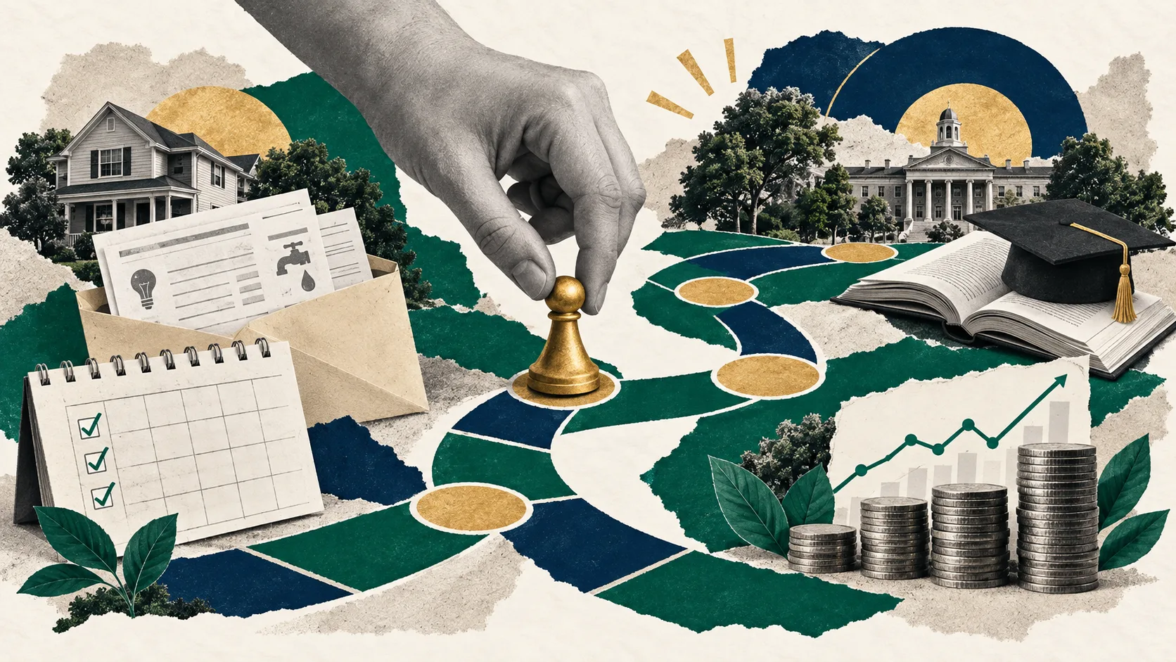 Paper-collage illustration of a hand moving a gold pawn along a winding board-game path that runs from a house, a calendar and an envelope of bills toward a university building, a graduation cap on an open book, stacks of coins and a rising growth chart