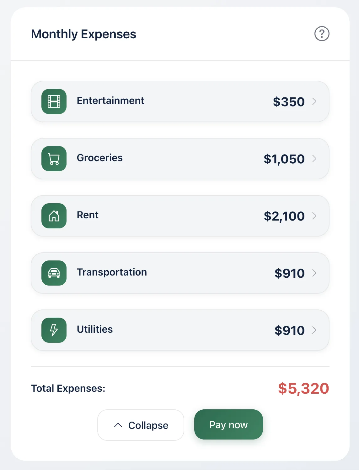 Monthly expenses card in the Ricco budgeting game showing rent, groceries, utilities, transportation, and entertainment totaling $5,320