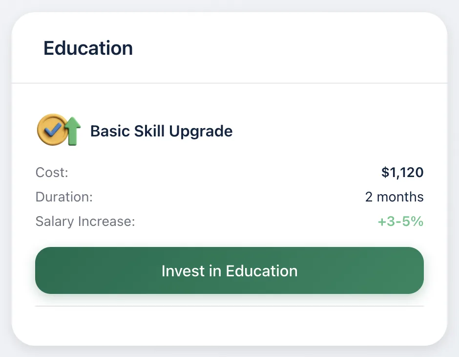 Education card in Ricco's financial literacy game for students offering a Basic Skill Upgrade for $1,120 over 2 months in exchange for a permanent salary increase, with an Invest in Education button