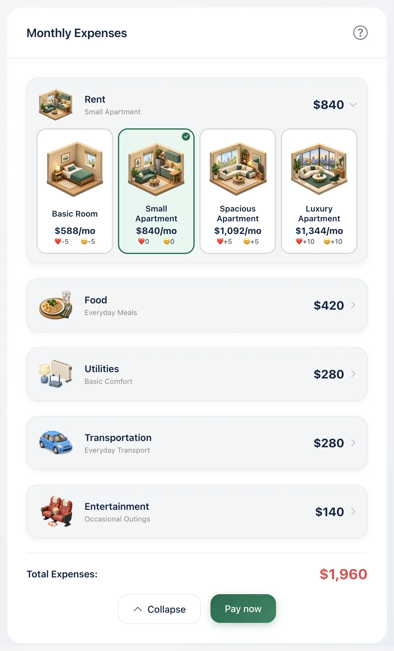 Monthly Expenses card in Ricco's financial literacy game for students: a Barista's five bills totaling $1,960, with the Rent row open to four housing options from a $588 Basic Room to a $1,344 Luxury Apartment, each showing its health and happiness effect