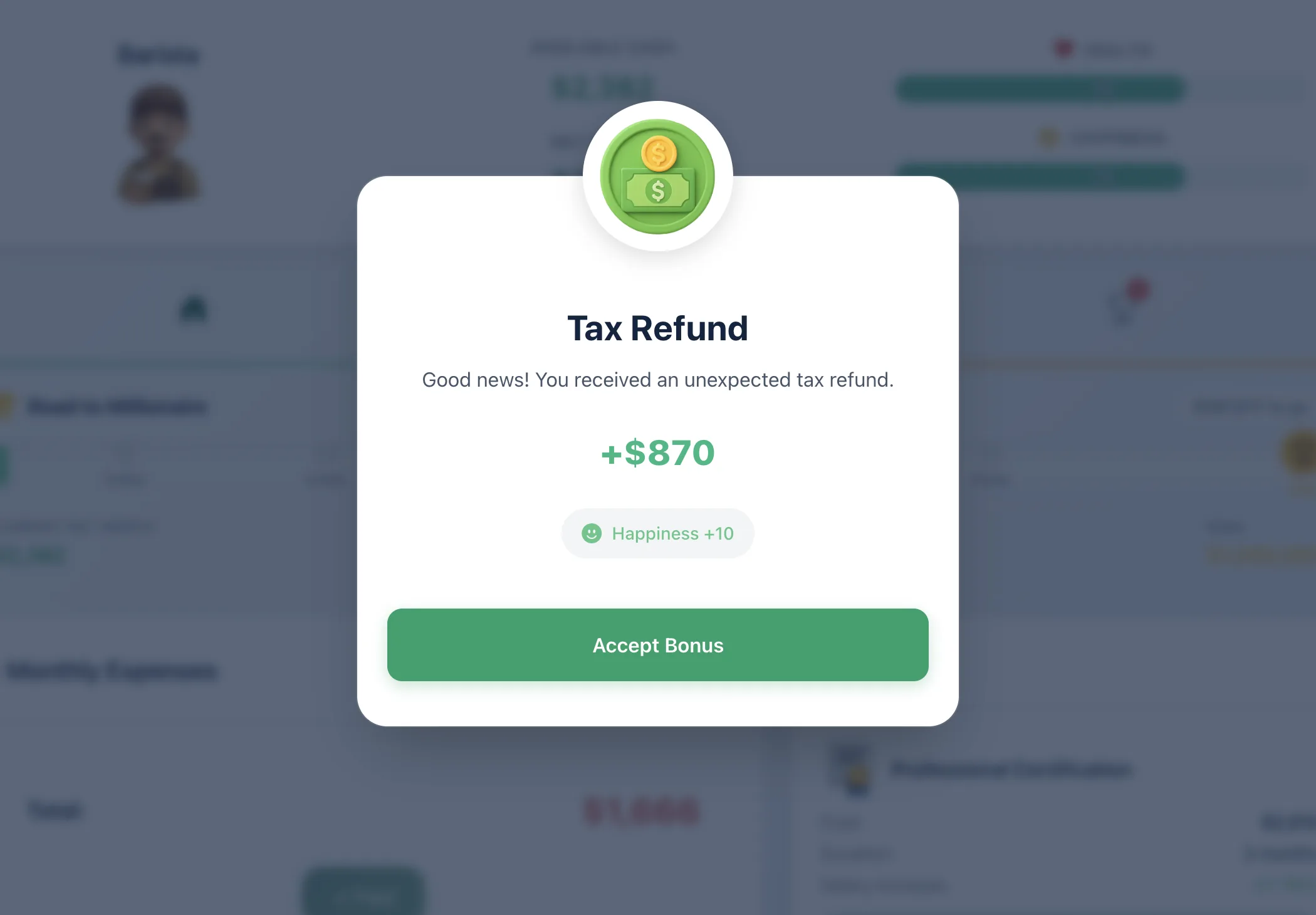 Tax Refund life event in Ricco's financial literacy game for students adding $870 and +10 happiness to a Barista's game, with an Accept Bonus button