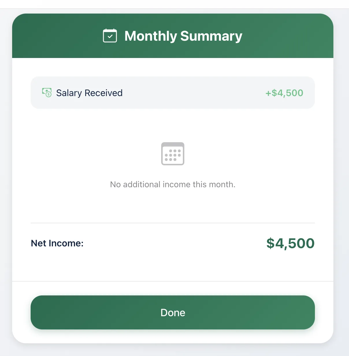Monthly summary in the Ricco financial simulation game showing a salary of $4,500 received and the month's net income