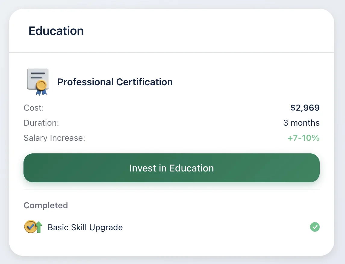 Education card in the Ricco personal finance game offering a Professional Certification for $2,969 over 3 months with a 7-10% permanent salary increase